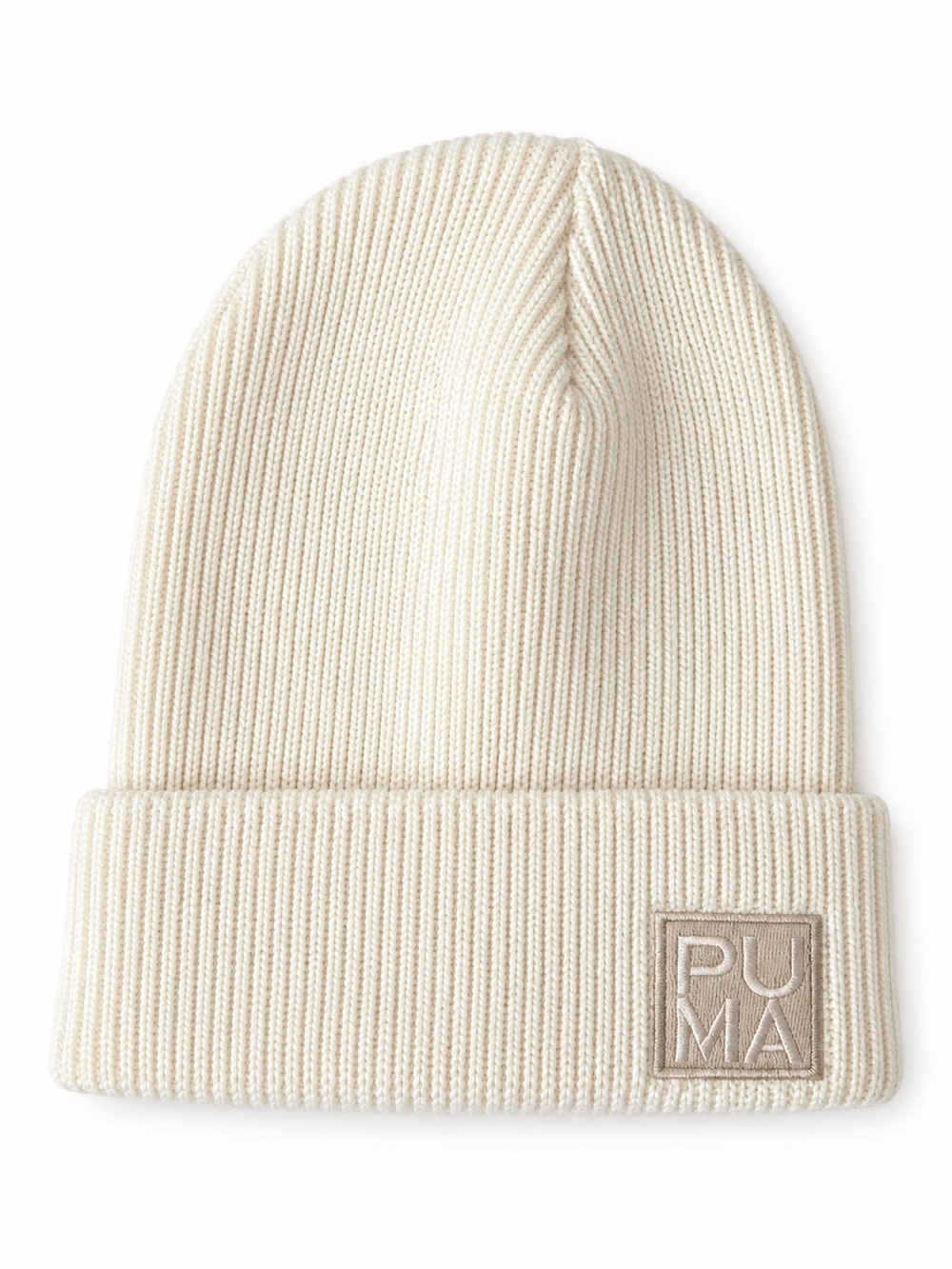 Puma Cream Ribbed Knit Beanie with Logo Patch